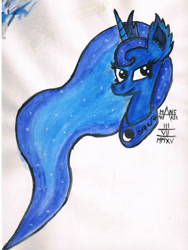 Size: 1280x1698 | Tagged: safe, artist:mane-shaker, imported from derpibooru, princess luna, bust, colored, ear fluff, female, solo, traditional art, watercolor painting