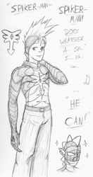 Size: 650x1228 | Tagged: safe, artist:oobidoobi, imported from derpibooru, spike, human, humanized, male, monochrome, solo, superhero