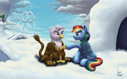 Size: 1600x1000 | Tagged: safe, artist:zevironmoniroth, imported from derpibooru, gilda, rainbow dash, griffon, pegasus, pony, the lost treasure of griffonstone, filly, younger