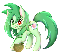 Size: 1145x1045 | Tagged: dead source, safe, artist:jumblehorse, deleted from derpibooru, imported from derpibooru, oc, oc only, oc:vanna melon, pony, female, heterochromia, mare, melon, simple background, smiling, solo, transparent background