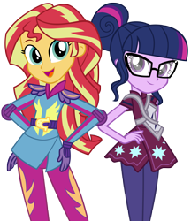 Size: 4323x5000 | Tagged: safe, artist:pinkiespartygirl, imported from derpibooru, sci-twi, sunset shimmer, twilight sparkle, equestria girls, friendship games, absurd resolution, boots, clothes, female, gloves, lesbian, looking at you, motorcross, scitwishimmer, shipping, shoes, simple background, sunsetsparkle, transparent background, vector