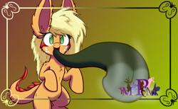 Size: 1280x788 | Tagged: safe, artist:heir-of-rick, imported from derpibooru, applejack, monster pony, original species, tatzlpony, miss pie's monsters, female, fourth wall, impossibly large ears, solo, tatzljack, tentacle tongue, tentacles, tongue out