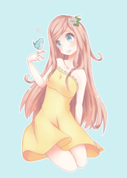 Size: 1095x1532 | Tagged: safe, artist:nezhiel, imported from derpibooru, fluttershy, bird, human, blue eyes, clothes, cute, female, flower in hair, grin, happy, heart, humanized, simple background, solo