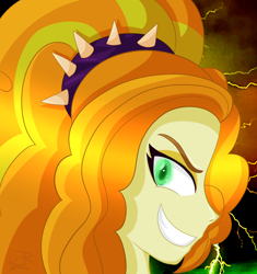 Size: 984x1045 | Tagged: safe, artist:victoriathekitty, imported from derpibooru, adagio dazzle, equestria girls, female, glowing eyes, grin, lightning, looking at you, solo