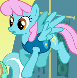 Size: 712x720 | Tagged: safe, imported from derpibooru, screencap, electric blue, lyra heartstrings, sassaflash, pegasus, pony, winter wrap up, background pony, cropped, female, flying, mare, pink mane, recolor, solo focus, weather team, winter wrap up vest