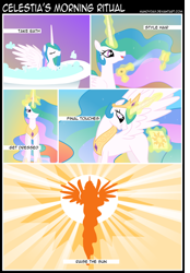 Size: 1080x1549 | Tagged: safe, artist:mandydax, edit, imported from derpibooru, princess celestia, bath, blank flank, comic, fake cutie mark, hair dryer, wet mane