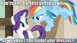 Size: 1253x702 | Tagged: safe, edit, imported from derpibooru, rainbow dash, rarity, female, fridge logic, image macro, implied shipping, lesbian, meme, model, raridash, shipping, wmg