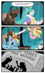 Size: 832x1341 | Tagged: dead source, safe, artist:jittery-the-dragon, imported from derpibooru, fluttershy, princess celestia, rainbow dash, alicorn, pegasus, pony, yak, 3:, behaving like a bird, chest fluff, comic, derp, fluffy, flying, food, frown, geese, glare, honk, newspaper, open mouth, pie, spread wings, throwing, tongue out, upside down, wavy mouth, wide eyes