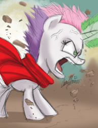 Size: 850x1100 | Tagged: safe, artist:ceehoff, imported from derpibooru, sweetie belle, pony, unicorn, akira, angry, corrupted, cross-popping veins, crossover, evil, female, filly, magic, red cape, solo, tetsuo shima, yelling