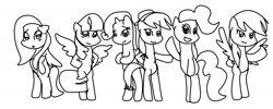 Size: 1308x524 | Tagged: safe, imported from derpibooru, applejack, fluttershy, pinkie pie, rainbow dash, rarity, twilight sparkle, alicorn, pony, bipedal, female, mane six, mare, monochrome, twilight sparkle (alicorn)