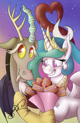 Size: 1150x1750 | Tagged: safe, artist:jorobro, imported from derpibooru, discord, princess celestia, bouquet, cake, cakelestia, dislestia, female, male, shipping, straight