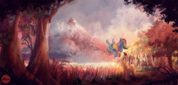 Size: 3200x1525 | Tagged: safe, artist:lukeine, imported from derpibooru, applejack, rainbow dash, canterlot, castle, forest, mountain, scenery, tree