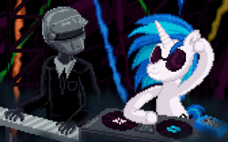 Size: 1680x1050 | Tagged: safe, artist:lightspeeed, imported from derpibooru, dj pon-3, vinyl scratch, pony, unicorn, daft punk, duo, nightclub, thomas bangalter, turntable