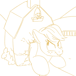 Size: 700x700 | Tagged: safe, artist:goat train, imported from derpibooru, applejack, oc, oc:goatmod, goat, annoyed, barn, destruction, frown, growth, macro, monochrome, scrunchy face, stuck