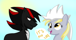 Size: 1648x874 | Tagged: safe, artist:soul-yagami64, imported from derpibooru, derpy hooves, pegasus, pony, crossover, female, funny, hat, it's no use, mare, ponified, shadow the hedgehog, silver the hedgehog, sonic the hedgehog (series), update