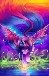 Size: 2709x4200 | Tagged: safe, artist:magnaluna, imported from derpibooru, twilight sparkle, alicorn, pony, abstract background, color porn, ethereal mane, female, mare, raised hoof, solo, spread wings, starry mane, twilight sparkle (alicorn), water