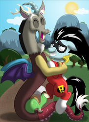 Size: 1024x1410 | Tagged: safe, artist:inkrose98, imported from derpibooru, discord, crossover, freakazoid, hug, ponified