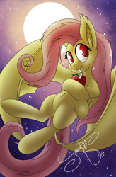 Size: 1150x1750 | Tagged: safe, artist:jorobro, imported from derpibooru, fluttershy, apple, cute, female, flutterbat, flying, night, solo, straw