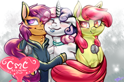 Size: 2840x1900 | Tagged: safe, artist:lunarmarshmallow, derpibooru exclusive, imported from derpibooru, apple bloom, scootaloo, sweetie belle, blushing, choker, clothes, crepuscular rays, cutie mark crusaders, female, group hug, hoodie, hug, older, reunion, unshorn fetlocks