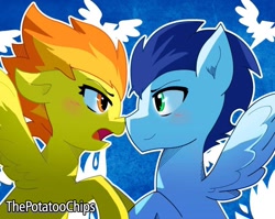 Size: 900x718 | Tagged: safe, artist:potatoochips, imported from derpibooru, soarin', spitfire, blushing, boop, female, male, noseboop, shipping, soarinfire, straight