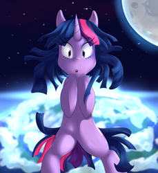 Size: 1600x1745 | Tagged: safe, artist:sourspot, imported from derpibooru, twilight sparkle, pony, unicorn, female, looking at you, messy mane, moon, planet, solo, space, unicorn twilight