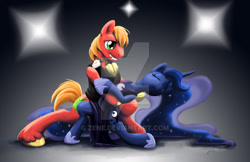 Size: 1275x825 | Tagged: safe, artist:zene, imported from derpibooru, big macintosh, princess luna, earth pony, pony, clothes, dancing, dress, lunamac, male, rose, shipping, stallion, straight, tango, vest