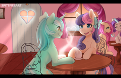 Size: 1920x1241 | Tagged: safe, artist:spittfireart, imported from derpibooru, bon bon, fluttershy, lyra heartstrings, rarity, sweetie drops, earth pony, pegasus, pony, unicorn, adorabon, cafe, chair, coffee, cup, cute, eyes closed, female, flarity, hair bow, happy, lesbian, looking at each other, lyrabetes, lyrabon, magic, mare, open mouth, plate, shipping, sitting, slim, smiling, table, window