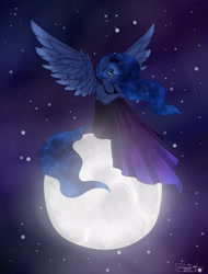 Size: 1600x2100 | Tagged: safe, artist:rainbowhitter, imported from derpibooru, princess luna, anthro, banishment, clothes, crying, dress, female, moon, sitting, solo, spread wings, tangible heavenly object