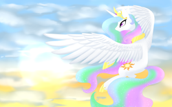 Size: 4800x3000 | Tagged: safe, artist:scarlet-spectrum, imported from derpibooru, princess celestia, cloud, cloudy, female, flying, solo, sunrise