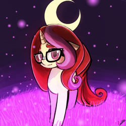 Size: 750x750 | Tagged: safe, artist:lumineko, imported from derpibooru, moondancer, pony, unicorn, amending fences, alternate hairstyle, female, glass, looking at you, loose hair, mare, moon, original hair, smiling, solo