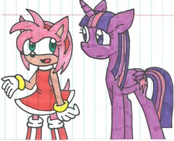 Size: 850x689 | Tagged: safe, artist:cmara, imported from derpibooru, twilight sparkle, alicorn, pony, amy rose, crossover, female, mare, sonic the hedgehog (series), traditional art, twilight sparkle (alicorn)