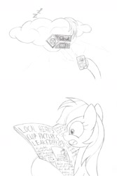 Size: 1600x2400 | Tagged: safe, artist:datspaniard, imported from derpibooru, rainbow dash, aiden pearce, bad joke, cloud, hacked, hacker, monochrome, newspaper, watch dogs