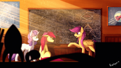 Size: 1920x1080 | Tagged: safe, artist:rublegun, imported from derpibooru, apple bloom, scootaloo, sweetie belle, earth pony, pegasus, pony, unicorn, bow, chalkboard, crepuscular rays, cutie mark crusaders, fancy mathematics, female, hair bow, looking at each other, math, older, rocket, rocket science, science