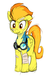 Size: 580x851 | Tagged: artist needed, source needed, safe, imported from derpibooru, spitfire, pegasus, pony, bandage, bandaid, clothes, female, floppy ears, goggles, injured, mare, simple background, solo, white background, wonderbolt trainee uniform