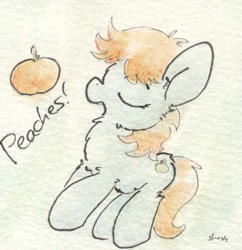 Size: 649x671 | Tagged: safe, artist:slightlyshade, imported from derpibooru, peach fuzz, earth pony, pony, female, filly, food, fruit, peach, peaches, solo, traditional art