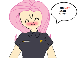 Size: 957x716 | Tagged: safe, artist:7uprulez, imported from derpibooru, fluttershy, human, blushing, clothes, fast food, female, humanized, i'm not cute, mcdonald's, name tag, shy, solo, truth, uniform, working