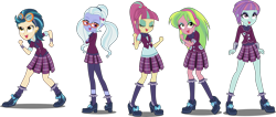 Size: 5904x2500 | Tagged: safe, artist:xebck, imported from derpibooru, indigo zap, lemon zest, sour sweet, sugarcoat, sunny flare, equestria girls, friendship games, absurd resolution, clothes, crystal prep academy, crystal prep academy uniform, crystal prep shadowbolts, glasses, goggles, school uniform, shadow five, simple background, transparent background, vector