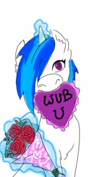 Size: 720x1280 | Tagged: safe, artist:chipperpony, imported from derpibooru, dj pon-3, vinyl scratch, flower, glowing horn, magic, mouth hold, simple background, solo, telekinesis, valentine's day, white background, wub