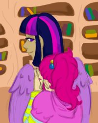 Size: 800x1000 | Tagged: safe, artist:chipperpony, imported from derpibooru, pinkie pie, twilight sparkle, human, female, humanized, lesbian, shipping, twilight sparkle (alicorn), twinkie, winged humanization