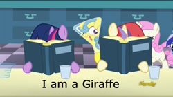 Size: 1280x720 | Tagged: safe, edit, edited screencap, imported from derpibooru, screencap, lemon hearts, minuette, moondancer, twilight sparkle, twinkleshine, amending fences, beaker, book, erlenmeyer flask, filly, flaskhead hearts, image macro, meme, wat