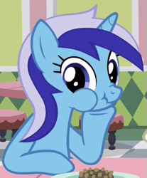 Size: 443x536 | Tagged: safe, imported from derpibooru, screencap, minuette, pony, amending fences, cute, eating, looking at you, puffy cheeks, scrunchy face