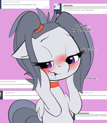 Size: 1200x1387 | Tagged: safe, artist:arkiiwarki, imported from derpibooru, rumble, oc, ask trap-rumble, alternate hairstyle, ask, blushing, choker, cute, dialogue, eyelashes, foal, male, solo, trap, tumblr