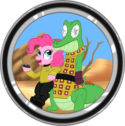 Size: 2427x2436 | Tagged: safe, artist:athos01, imported from derpibooru, gummy, pinkie pie, clothes, communicator, crossover, gorn, james t kirk, star trek, star trek (tos), uniform, vector