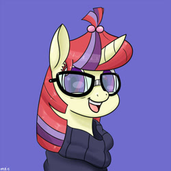 Size: 800x800 | Tagged: safe, artist:sonikku001, imported from derpibooru, moondancer, pony, unicorn, amending fences, bust, female, glasses, open mouth, open smile, purple background, simple background, smiling, solo