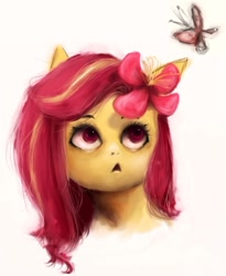 Size: 500x611 | Tagged: safe, artist:butterscotch-angel, imported from derpibooru, oc, oc only, oc:hawaiian breeze, butterfly, flower, flower in hair, looking at something, looking up, portrait, simple background, white background