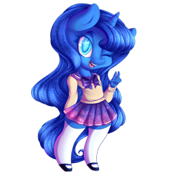 Size: 1400x1400 | Tagged: safe, artist:zodiacnicola, imported from derpibooru, princess luna, anthro, chibi, clothes, female, peace sign, school uniform, simple background, skirt, socks, solo, thigh highs, transparent background, wink