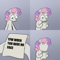 Size: 2000x2000 | Tagged: safe, imported from derpibooru, sweetie belle, pony, unicorn, bipedal, comic, exploitable meme, female, meme, no face, solo, sweetie's note meme