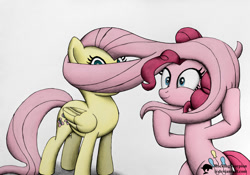 Size: 1000x701 | Tagged: safe, artist:rockingscorpion, imported from derpibooru, fluttershy, pinkie pie, party pooped, duo, scene interpretation, traditional art