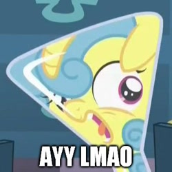 Size: 350x350 | Tagged: safe, edit, edited screencap, imported from derpibooru, screencap, lemon hearts, amending fences, ayy lmao, beaker, erlenmeyer flask, faic, female, flaskhead hearts, horrified, image macro, meme, solo, younger