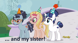 Size: 848x475 | Tagged: safe, edit, edited screencap, imported from derpibooru, screencap, booksmart, honey lemon, moondancer's sister, morning roast, shining armor, pony, unicorn, amending fences, female, glasses, gleaming shield, hat, mare, party hat, recolor, rule 63, smiling, trio